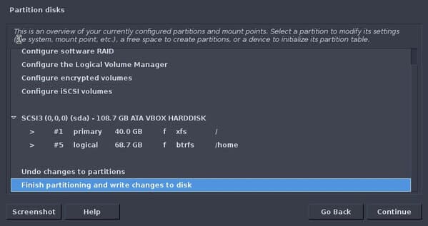 Finish partitioning and write changes to disk.