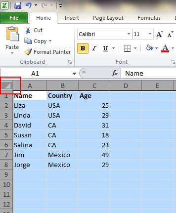 Một click chuột để chọn tất cả trong excel