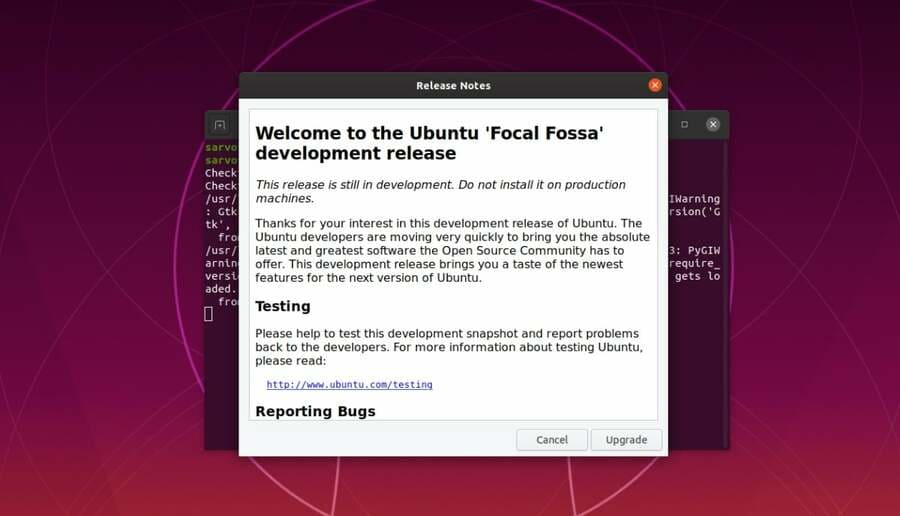 Upgrade để cài đặt phiên bản Ubuntu 20.04