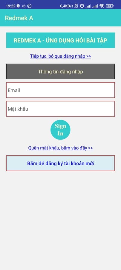 Vào app RedMek, chon đăng kí tài khoản mới