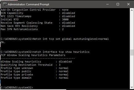 netsh interface tcp show heuristics