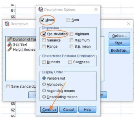 Chọn Options, tích chọn Mean và Standard Deviation