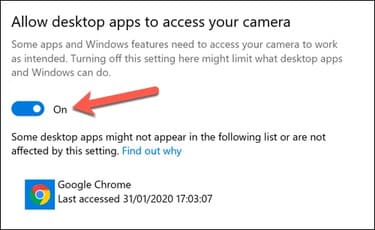 Allow desktop apps to access your camera