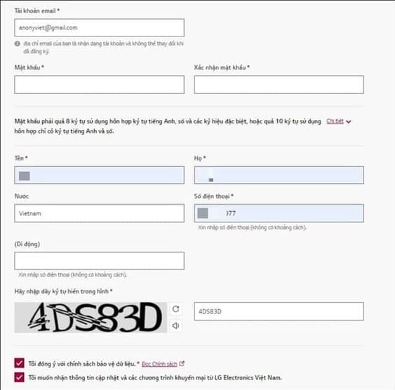 Đăng kí tài khoản LG Vietnam để nhận code FPT Play