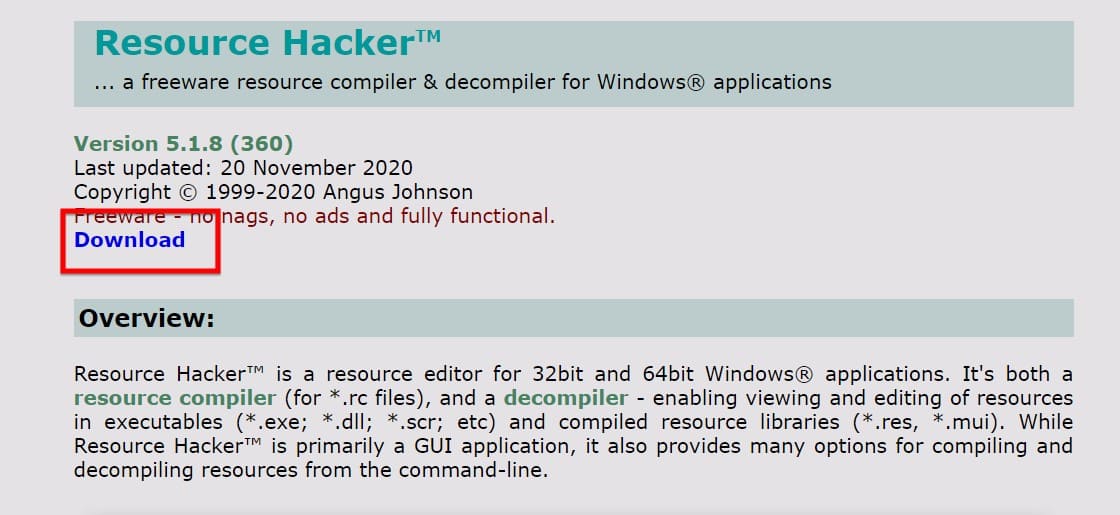 Download trên trang chủ của Resource hacker