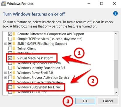 Bật Window Subsystem for Linux và Virtual Machine PlatForm