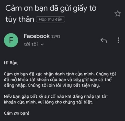 Facebook gửi phản hổi - Mở khóa Facebook