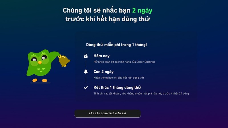 Nhận miễn phí 1 tháng Super Duolingo