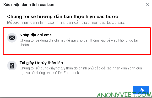 Chọn nhập địa chỉ mail